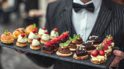 Server presents assorted miniature gourmet pastries and appetizers on a dark platter