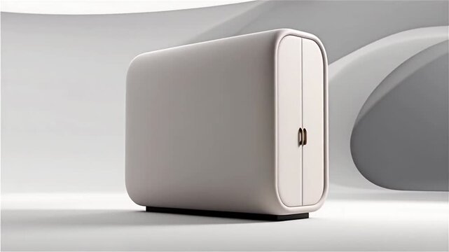 Modern freestanding cabinet with alternating black and white panels, featuring rounded edges and stylish golden handles, set in a minimalist interior