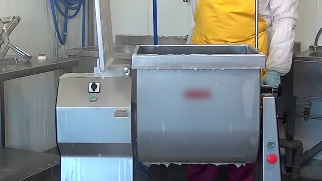 This morning, a worker in safety gear uses a pressure washer to carefully clean a large stainless steel meat mixer after processing product. Water streams clean the inside of the industrial machinery.