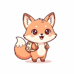 Cute baby fox character wearing a small backpack going to school