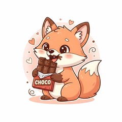 Adorable cartoon fox eating a chocolate bar with hearts background