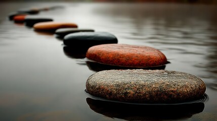 Series of smooth stones forms a pathway across calm, dark water