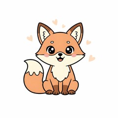Cute Kawaii Fox Character Sitting with Pink Hearts Illustration