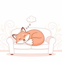 Cute Cartoon Fox Sleeping Comfortably on a White Sofa