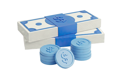 Stack of Blue Dollar Bills and Coins