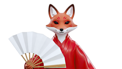 Anthropomorphic Fox Character in Red Kimono Holding a White Fan