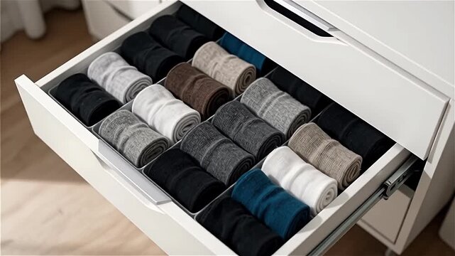 Organized drawer filled with neatly rolled socks in various colors and patterns on a light wooden floor
