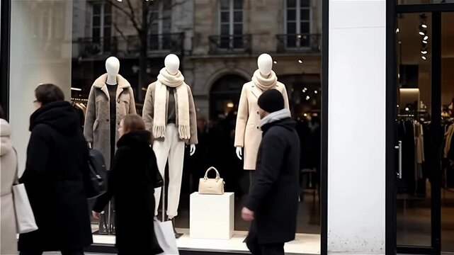 People walking past a stylish storefront featuring mannequins dressed in elegant winter clothing in an urban environment