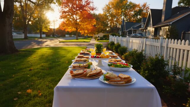 Outdoor dining setup on sidewalk with colorful autumn trees at sunset, featuring fresh fruits, sandwiches, and drinks
