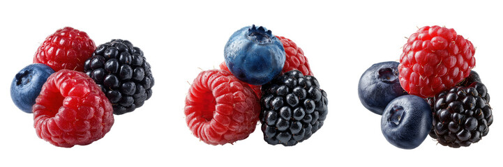 Red raspberries blueberries and blackberries isolated on a transparent background
