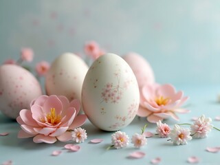 Fototapeta premium White Easter Eggs with Pink Speckles and Flowers on Soft Blue Background