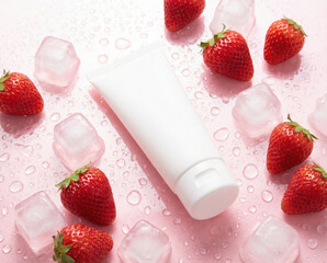 Top view photo of white cream bottle without label strawberries ice cubes and drops on the right on isolated pastel pink background with blank space