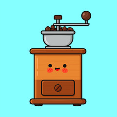 Smiling kawaii coffee grinder with fresh beans