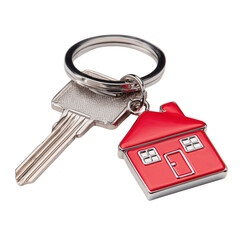 Silver Key with Red House Keychain isolated on a transparent background