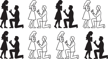 Isolated valentine proposal silhouette collection, valentine proposal silhouette icon set, romantic couple engagement valentine love story design, wedding proposal vector branding illustration