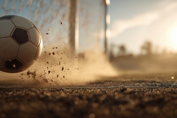 Soccer ball impacting dusty sports field at golden hour, kicking up dirt with blurred goal post in background. Dynamic action