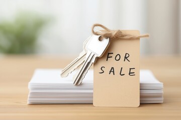 Silver house key with 'for sale' tag on stack of white business cards or documents on wooden table, real estate transaction