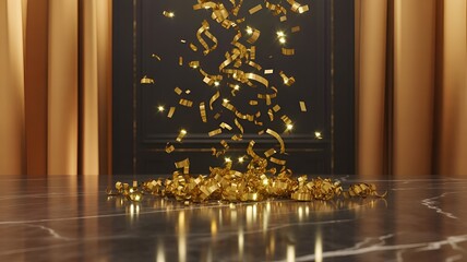 A pile of gold confetti scattered on a marble floor in front of a black door with gold curtains