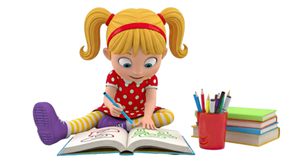 Girl drawing in a book with colored pencils and books nearby