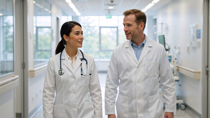 Two smiling doctors walking and talking in a modern hospital corridor. Male and female medical professionals discussing work. Healthcare teamwork concept