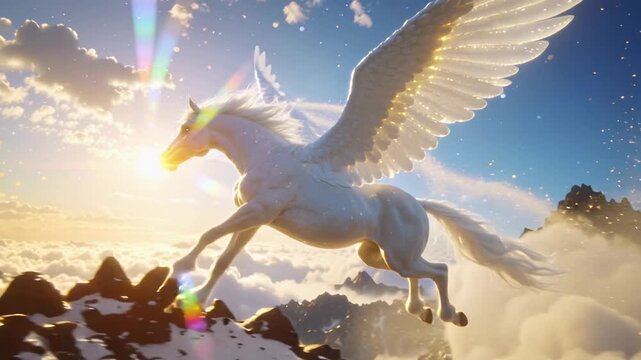 Majestic white winged horse soaring through a magical sky
