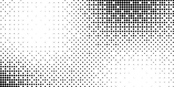 Abstract black and white halftone background featuring a dynamic pattern of dotted gradients. The varying dot sizes create a smooth transition and modern texture,