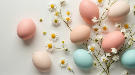 Pastel Easter Eggs with Flowers on White Background