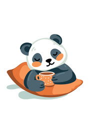 cute panda sitting on pillow with cup illustration