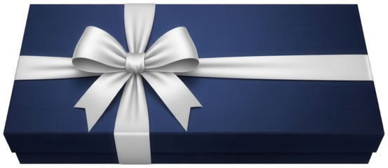 Dark navy blue rectangular gift box with elegant white satin bow