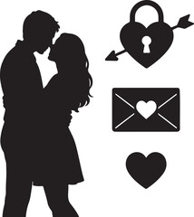 Isolated valentine proposal silhouette couple hug, valentine proposal silhouette icon, romantic valentine love engagement symbol, heart lock cupid arrow envelope, wedding proposal vector 