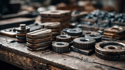Various metal components and mechanical parts rest upon a worn wooden surface in a workshop setting.