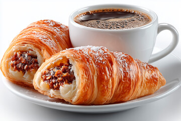 A white cup of black coffee paired with two golden, flaky croissants dusted with powdered sugar and revealing a rich, nutty filling.