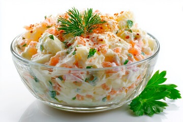 A classic, creamy Olivier salad meticulously presented in a glass bowl, featuring a blend of diced vegetables garnished parsley.