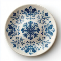 Top view of a white ceramic plate with a symmetrical blue snowflake pattern, on white background.
