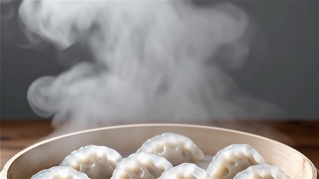 Steaming dumplings in a bamboo steamer with a soft focus background showcasing culinary texture and freshness