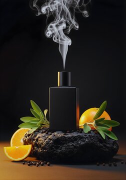 Black Perfume Bottle with Citrus and Spice Notes on Volcanic Rock