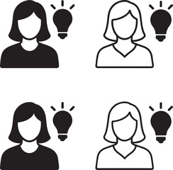 Isolated female innovation icon, woman innovation lightbulb symbol, creative idea vector design, minimal illustration, women empowerment branding, innovation leadership design