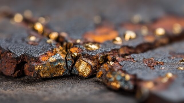 Highly magnified view reveals golden mineral deposits embedded in dark, weathered material