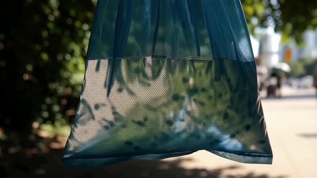 Translucent blue mesh bag hanging amidst green foliage in an urban setting, capturing soft sunlight and shadows