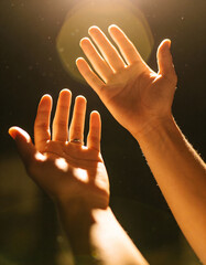 Hands Close-Up Reaching Toward Light While Wearing Plain Ring, Concept of Hope and Commitment with Cinematic Mood for Inspirational Jewelry Branding, Lifestyle, and Premium Visual Storytelling