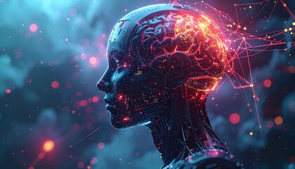 Human Head with Glowing Brain Activity.