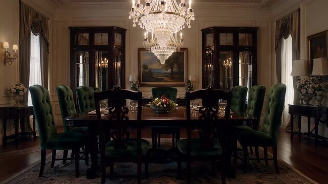 Fine dining setup in a formal dining room with green chairs and a decorative chandelier at a historic location