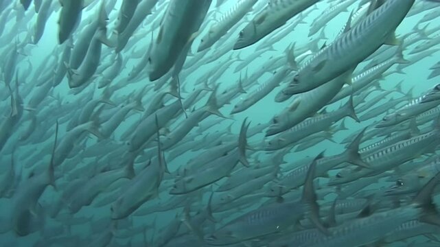 Thousands of barracuda congregate in a mesmerizing swirling mass beneath the waves near Sipadan Island, Indonesia. Their silvery bodies shimmer in the sunlight during this deep-sea encounter.