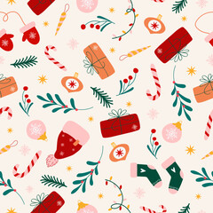 Hand drawn seamless Christmas holiday pattern with gifts, candy canes, mittens, stockings and winter greenery. Cute New Year backdrop with doodle ornaments