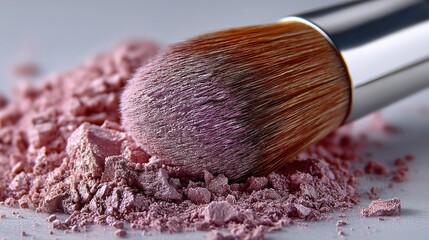 Cosmetic application brush rests on crushed powder pigment