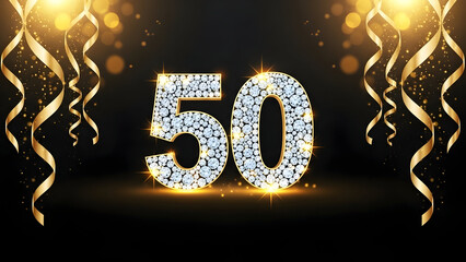 Diamond 50 Birthday and Anniversary Celebration with Golden Streamers and Bokeh Lights &ndash; Milestone Event Concept