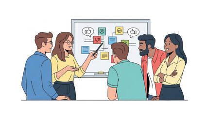 Group of professionals collaborating on strategy presentation with whiteboard illustration for