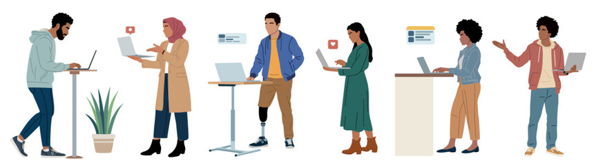 Minimalist flat illustration of a diverse group of professionals collaborating at laptops in a contemporary office with social media icons. Vector isolated on transparent background