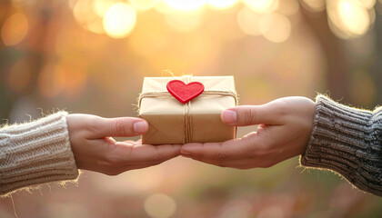 Two hands exchanging small wrapped gift with red heart seal, warm sunlight in background, autumn outdoor setting, cozy and heartfelt moment