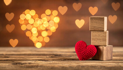 Wooden block stack plush red heart glowing bokeh heart lights rustic wood table romantic warm atmosphere love concept cozy mood negative space composition